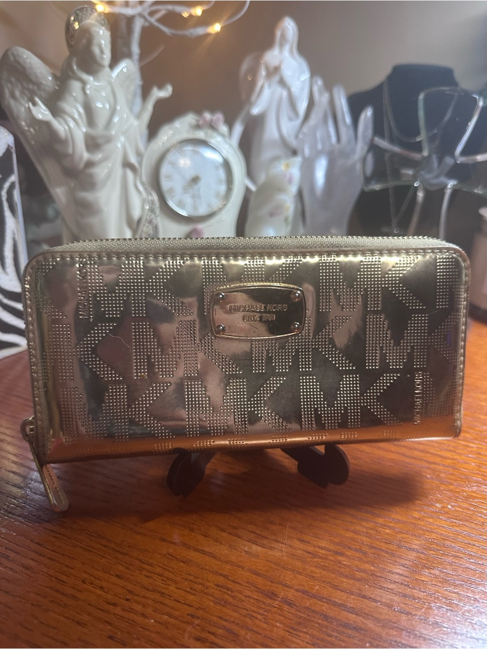 Michael Kors Metallic Gold MK Logo Zip Around Wallet GUC